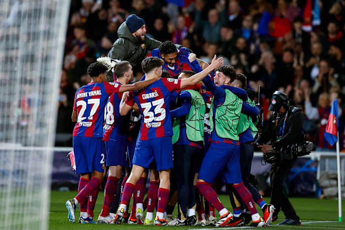 Barcelona's players pictured celebrating during their 3-1 win over Napoli in March 2024